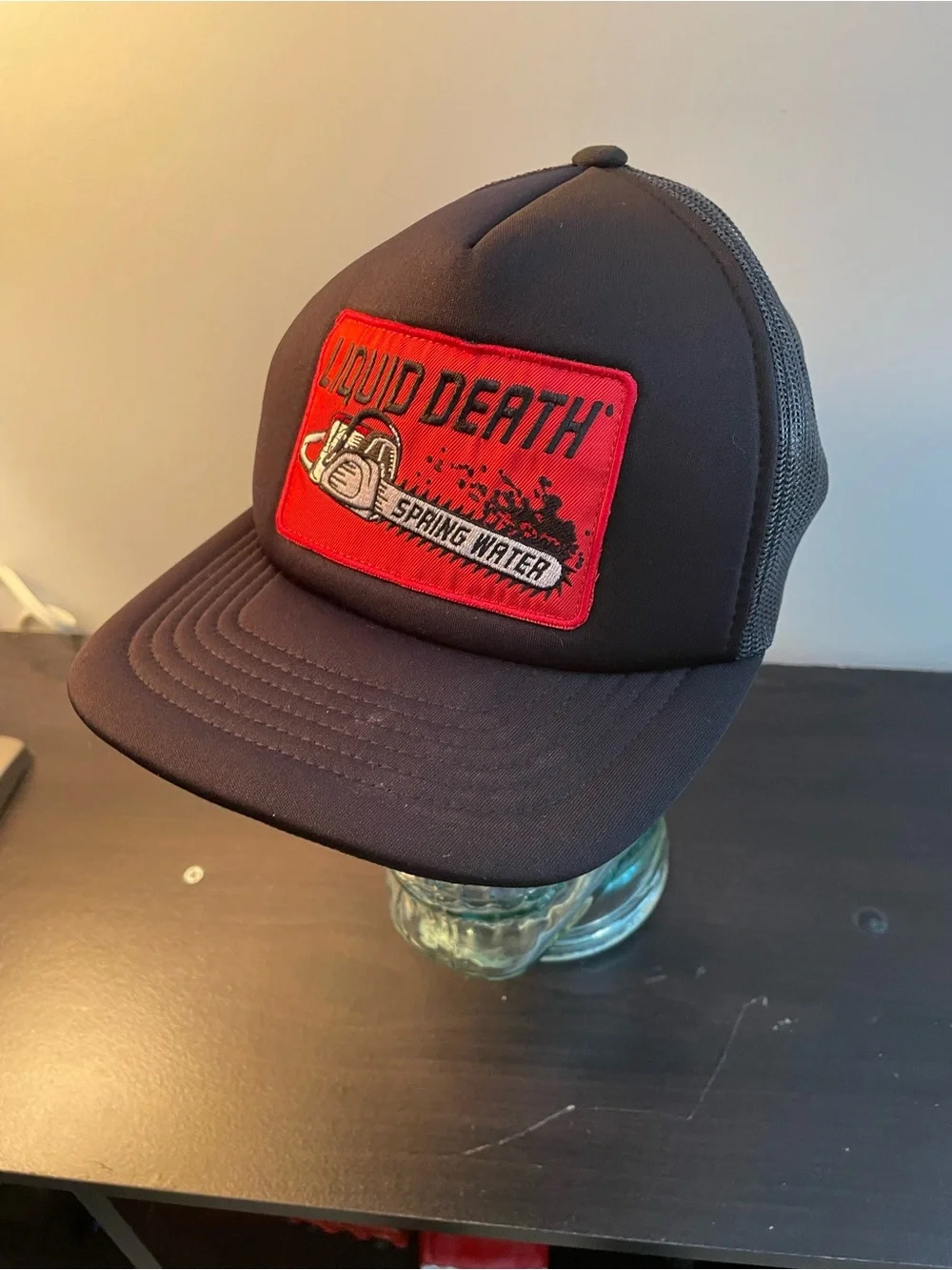 Liquid Death Kids Black Trucker Hat with Red Patch